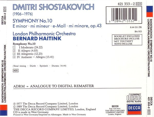 Dmitri Shostakovich - London Philharmonic Orchestra, Bernard Haitink : Symphony No. 10 (CD, Album, RE)