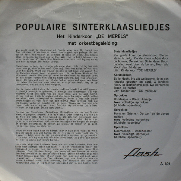 Kinderkoor "De Merels" : Populaire Sinterklaasliedjes (7", Single)