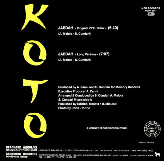 Koto : Jabdah (The Original ZYX Remix) (12", Maxi)
