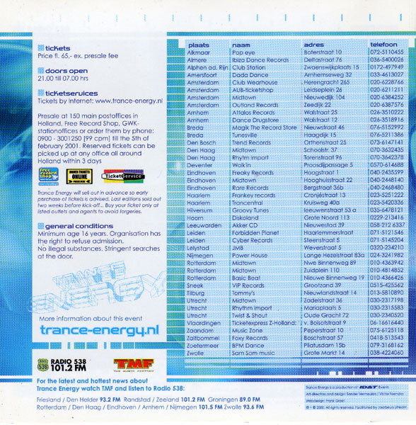 Various : Trance Energy - Prepare To Dance Feb 17th, 2001 (CD, Ltd, Mixed, Promo)