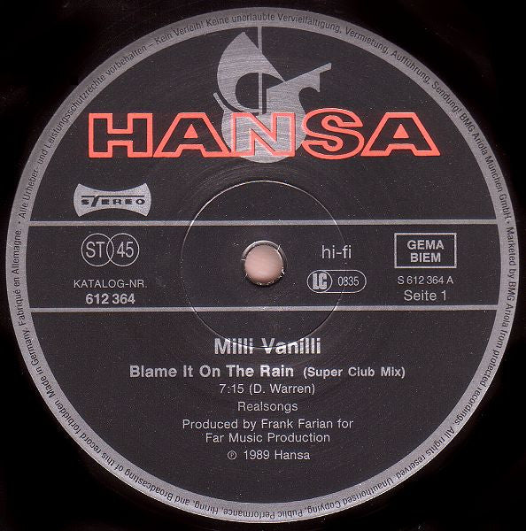 Milli Vanilli : Blame It On The Rain (12", Maxi)