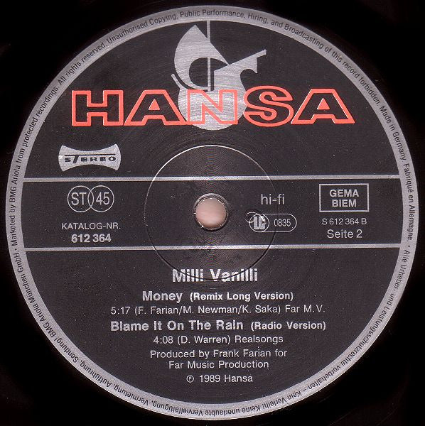 Milli Vanilli : Blame It On The Rain (12", Maxi)