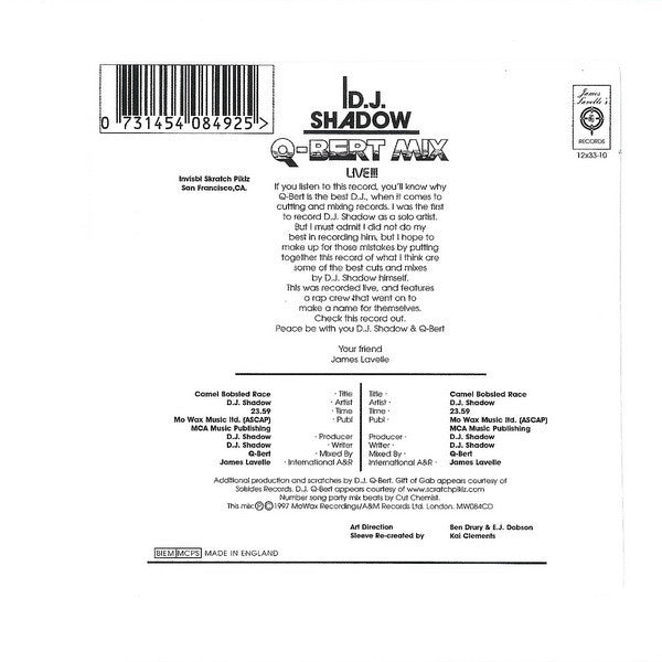 DJ Shadow : Q-Bert Mix (Live!!!) (CD, Single, Mixed)