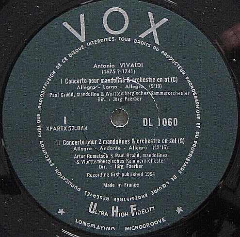 Antonio Vivaldi, Artur Rumetsch, Paul Grund, Anton Stingl, Württembergisches Kammerorchester, Jörg Faerber : Concerti Pour Luth & Mandolines (LP, Album, Mono)