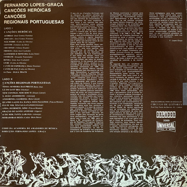 Fernando Lopes-Graça, Coro Lopes-Graça da Academia de Amadores de Música : Canções Heróicas / Canções Regionais Portuguesas (LP, Club, RE)