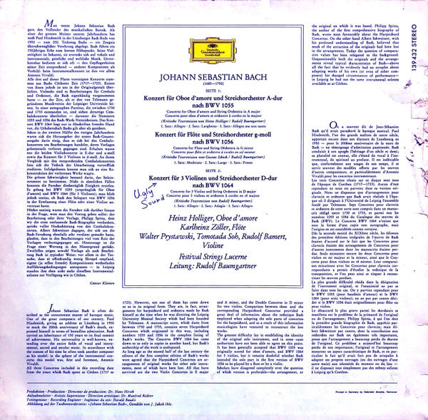 Johann Sebastian Bach - Heinz Holliger • Karlheinz Zöller • Festival Strings Lucerne • Rudolf Baumgartner : Konzert Für Oboe D'Amore Nach BWV 1055 ∙ Flötenkonzert Nach BWV 1056 ∙ Konzert Für 3 Violinen Nach BWV 1064 (LP)