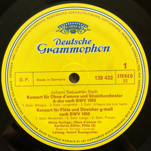 Johann Sebastian Bach - Heinz Holliger • Karlheinz Zöller • Festival Strings Lucerne • Rudolf Baumgartner : Konzert Für Oboe D'Amore Nach BWV 1055 ∙ Flötenkonzert Nach BWV 1056 ∙ Konzert Für 3 Violinen Nach BWV 1064 (LP)