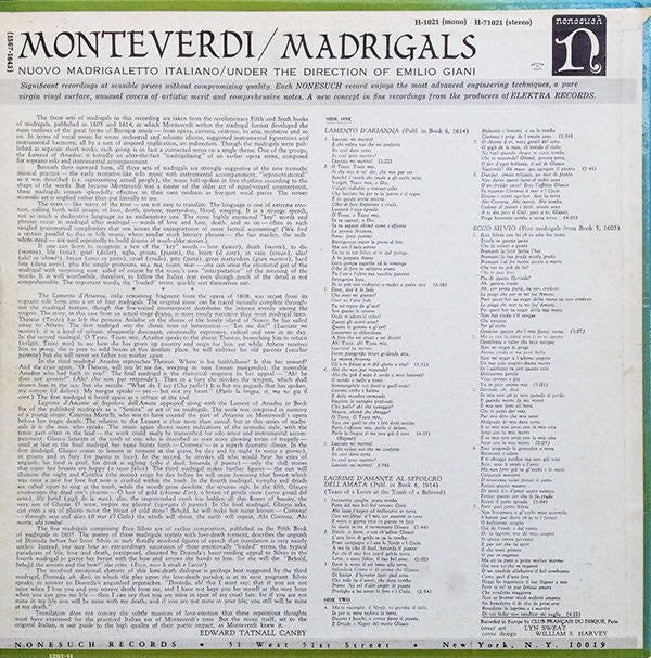 Claudio Monteverdi -  Il Nuovo Madrigaletto Italiano Under The Direction Of Emilio Giani : Madrigals (LP)