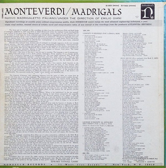 Claudio Monteverdi -  Il Nuovo Madrigaletto Italiano Under The Direction Of Emilio Giani : Madrigals (LP)