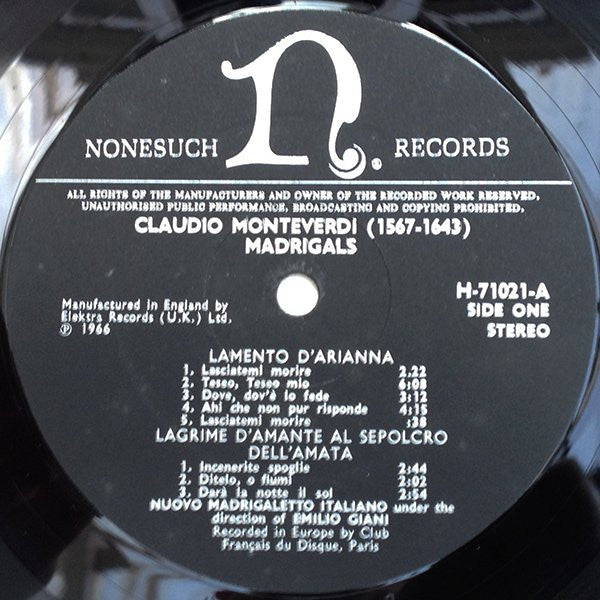 Claudio Monteverdi -  Il Nuovo Madrigaletto Italiano Under The Direction Of Emilio Giani : Madrigals (LP)
