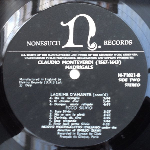 Claudio Monteverdi -  Il Nuovo Madrigaletto Italiano Under The Direction Of Emilio Giani : Madrigals (LP)
