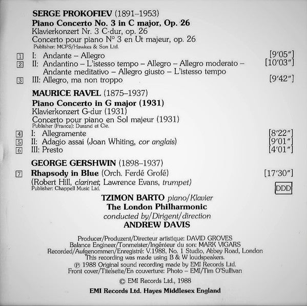 Tzimon Barto, Andrew Davis, Sergei Prokofiev, Maurice Ravel, George Gershwin : Piano Concerto No. 3 / Concerto En Sol / Rhapsody In Blue (CD, Album)