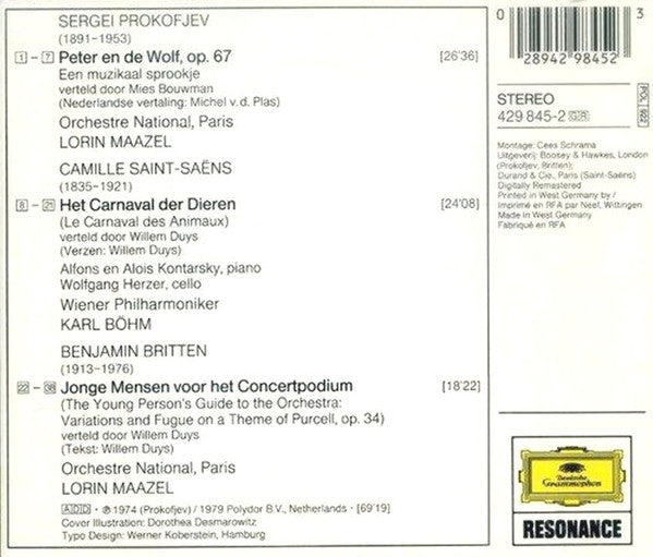 Prokofjev*, Saint-Saëns*, Britten* : Peter En De Wolf / Het Carnaval Der Dieren / Jonge Mensen Voor Het Concertpodium (CD, Comp, RE, RM)