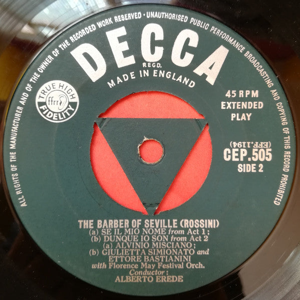 Gioacchino Rossini, Giulietta Simionato, Alvinio Misciano, Ettore Bastianini With The Orchestra Del Maggio Musicale Fiorentino Conducted By Alberto Erede : The Barber Of Seville (7", EP, Tri)