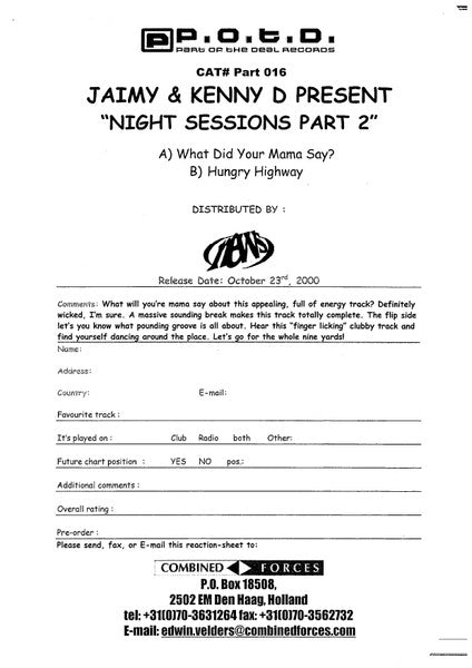Jaimy & Kenny D. Present Night Sessions : What Did Your Mama Say (12", Promo)