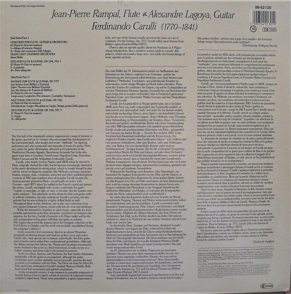 Ferdinando Carulli - Jean-Pierre Rampal, Alexandre Lagoya, Liszt Ferenc Chamber Orchestra, János Rolla : Music For Flute And Guitar (LP)