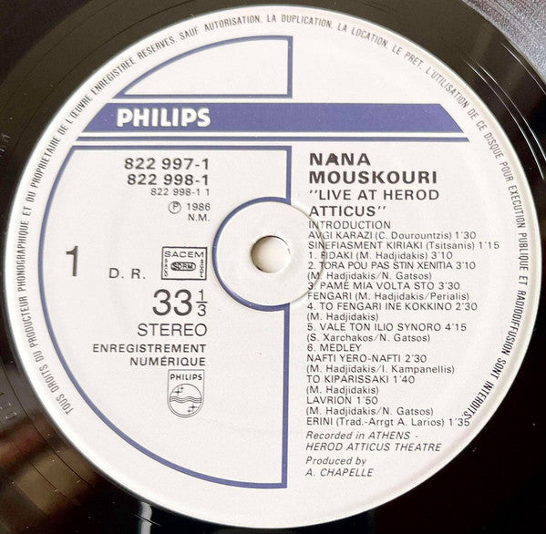 Nana Mouskouri : Live At Herod Atticus (2xLP, Album, Gat)
