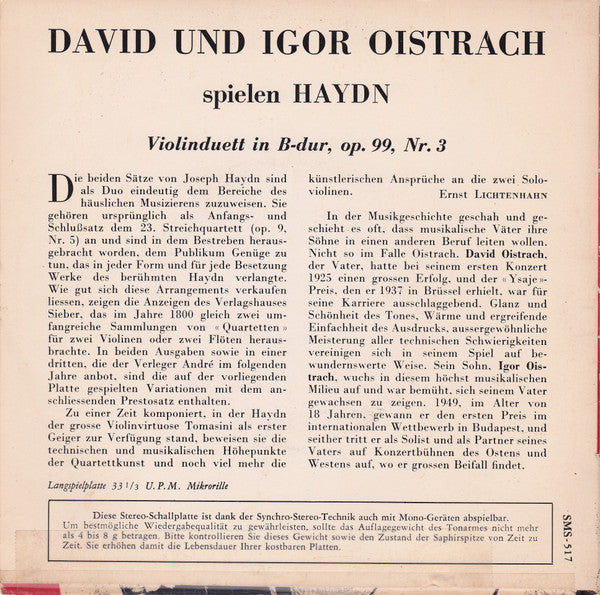 David Oistrach Und Igor Oistrach Spielen Joseph Haydn : Violinduett In B-Dur (7")