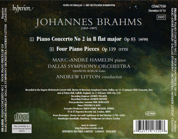 Johannes Brahms : Piano Concerto No. 2 Op 83 Four Piano Pieces Op 119 (CD)