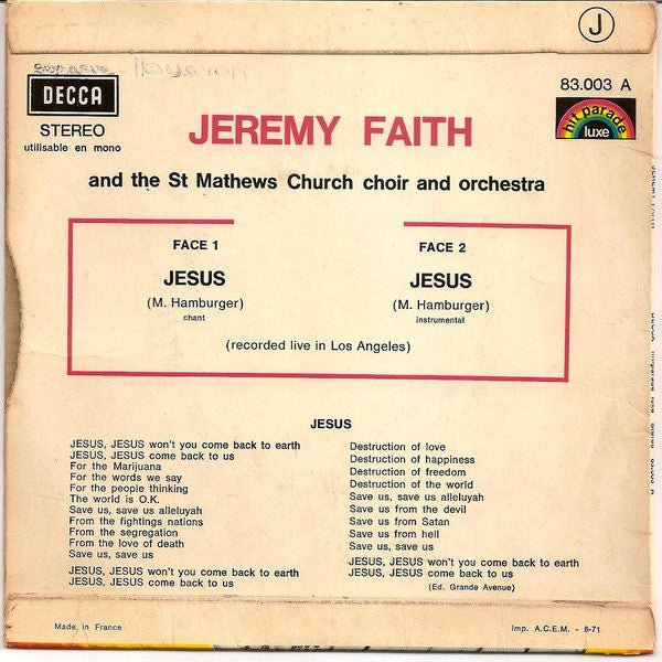 Jeremy Faith And The Saint Mathews Church Choir And Orchestra : Jesus (7", Single, Blu)