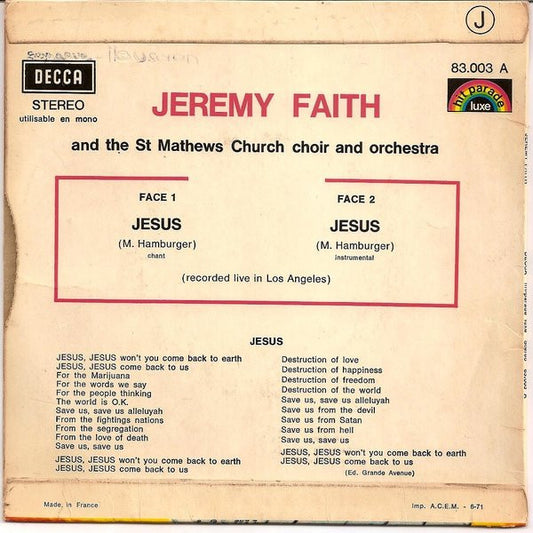 Jeremy Faith And The Saint Mathews Church Choir And Orchestra : Jesus (7", Single, Blu)