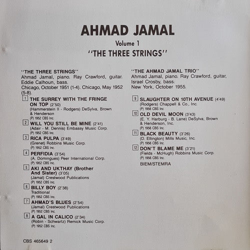 Ahmad Jamal : Volume 1 The Three Strings (CD, Comp, Mono)