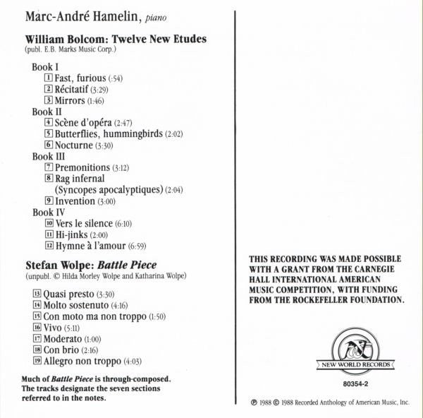 Marc-André Hamelin, William Bolcom, Stefan Wolpe : Works By William Bolcom, Stefan Wolpe (CD, RP)