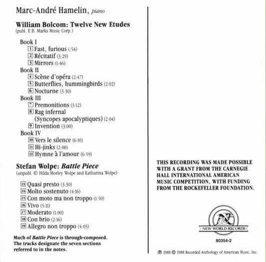 Marc-André Hamelin, William Bolcom, Stefan Wolpe : Works By William Bolcom, Stefan Wolpe (CD, RP)