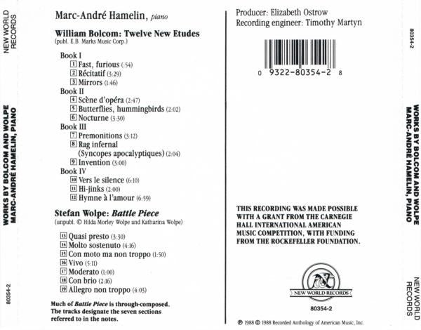 Marc-André Hamelin, William Bolcom, Stefan Wolpe : Works By William Bolcom, Stefan Wolpe (CD, RP)