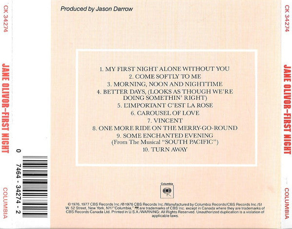 Jane Olivor : First Night (CD, Album, RE)
