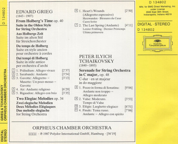 Edvard Grieg / Pyotr Ilyich Tchaikovsky – Orpheus Chamber Orchestra : Holberg Suite · 2 Elegiac Melodies / Serenade For Strings (CD, Club, RE)