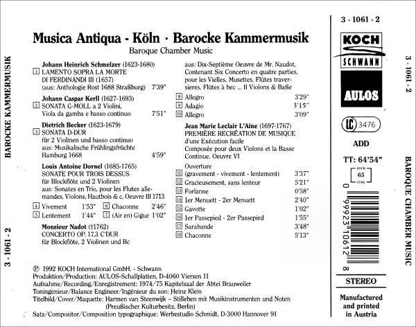 Musica Antiqua Köln : Barocke Kammermusik • Baroque Chamber Music (CD, Album, RE)