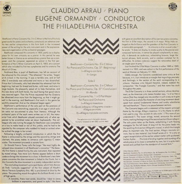 Ludwig van Beethoven / Franz Liszt - Claudio Arrau, Eugene Ormandy, The Philadelphia Orchestra : Piano Concerto No.3 In C Minor / Piano Concerto No.1 In E-Flat Major (LP, Comp, Mono)