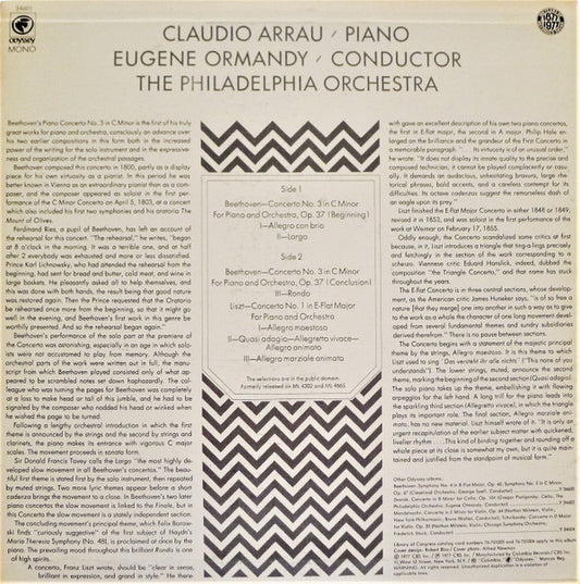Ludwig van Beethoven / Franz Liszt - Claudio Arrau, Eugene Ormandy, The Philadelphia Orchestra : Piano Concerto No.3 In C Minor / Piano Concerto No.1 In E-Flat Major (LP, Comp, Mono)