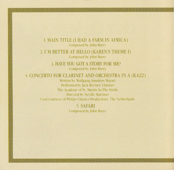 John Barry : Out Of Africa (Music From The Motion Picture Soundtrack) (CD, Album, RE)