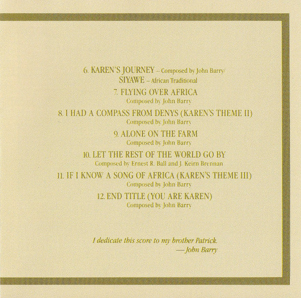 John Barry : Out Of Africa (Music From The Motion Picture Soundtrack) (CD, Album, RE)