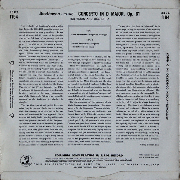 David Oistrach And The The Stockholm Festival Orchestra Conducted By Sixten Ehrling : Beethoven Violin Concerto (LP, Mono)