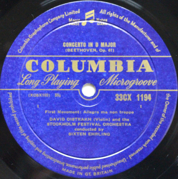 David Oistrach And The The Stockholm Festival Orchestra Conducted By Sixten Ehrling : Beethoven Violin Concerto (LP, Mono)