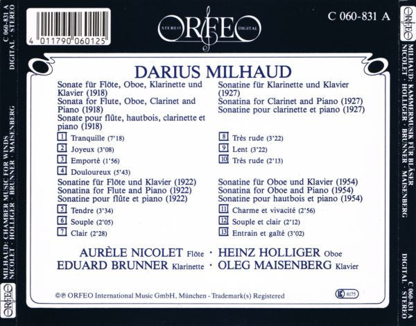 Darius Milhaud, Aurèle Nicolet • Heinz Holliger • Eduard Brunner • Oleg Maisenberg : Kammermusik Für Bläser Und Klavier (CD)