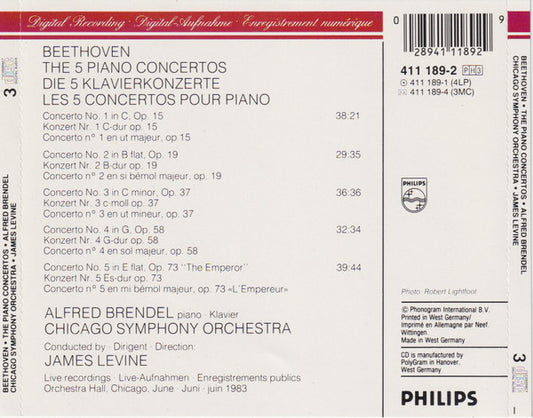 Ludwig van Beethoven, Alfred Brendel, Chicago Symphony Orchestra, James Levine (2) : The 5 Piano Concertos = Die 5 Klavierkonzerte = Les 5 Concertos Pour Piano Et Orchestre (Live) (3xCD)