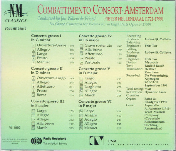 Combattimento Consort Amsterdam, Pieter Hellendaal : Six Grand Concertos For Violins Etc. In Eight Parts Opus 3 (CD, Album)