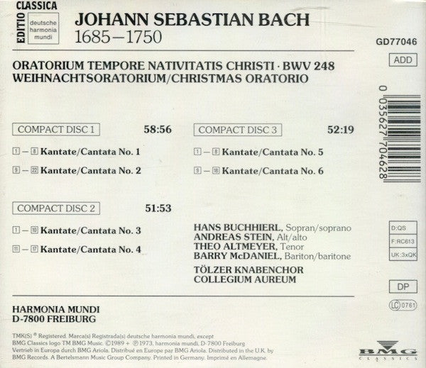 Johann Sebastian Bach, Theo Altmeyer • Barry McDaniel • Tölzer Knabenchor • Collegium Aureum • Gerhard Schmidt-Gaden : Weihnachtsoratorium / Christmas Oratorio (BWV 248) (3xCD, Album, RE, RM)