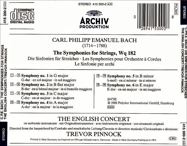 Carl Philipp Emanuel Bach - The English Concert • Trevor Pinnock : The Symphonies For Strings = Die Sinfonien Für Streicher = Les Symphonies Pour Orchestre A Cordes (CD, Album, RP)