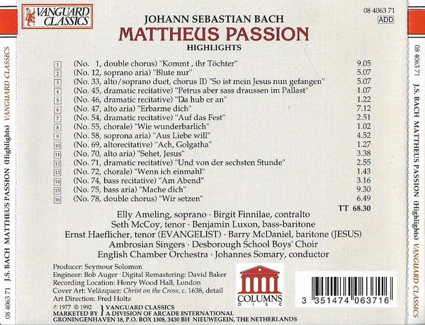 Johann Sebastian Bach, Johannes Somary, English Chamber Orchestra : Matthaeus Passion - Highlights (CD, Album)