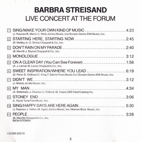 Barbra Streisand : Live Concert At The Forum (CD, Album, RE)