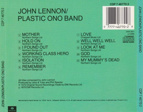 John Lennon / The Plastic Ono Band : John Lennon / Plastic Ono Band (CD, Album, RE)