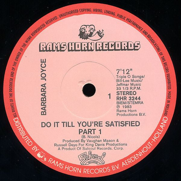 Barbara Joyce : Do It Till You're Satisfied (Part 1 & Part 2) (12", Single)
