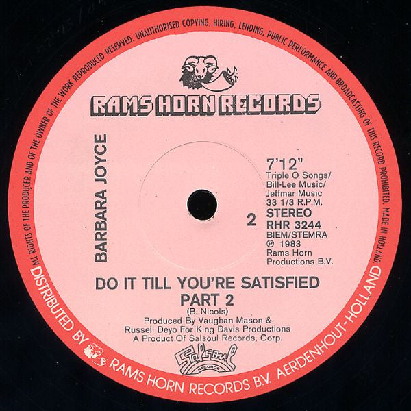 Barbara Joyce : Do It Till You're Satisfied (Part 1 & Part 2) (12", Single)