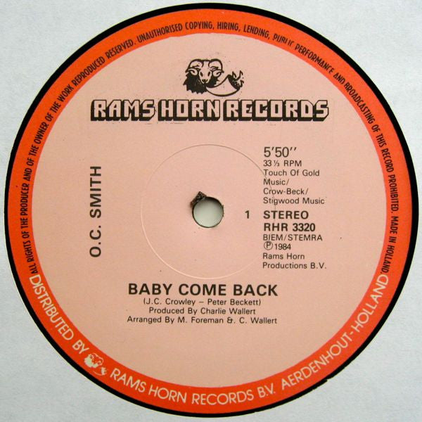 OC Smith : Baby Come Back / You Mean The World To Me Sweetheart (12", Single)