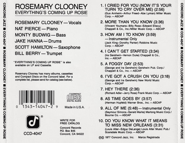 Rosemary Clooney : Everything's Coming Up Rosie (CD, Album, RE)